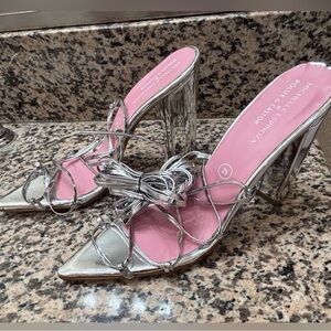 Women’s Size 8 US Elegant Lace Up Silver Heels with Pink Insole